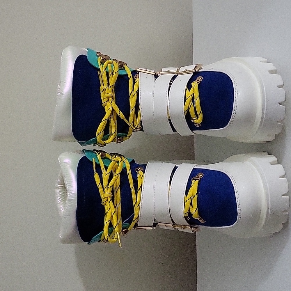 Cape Robbin White, Navy & Yellow Lace-Up Chunky Ankle Boots